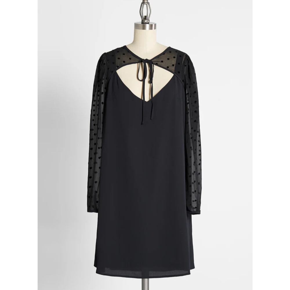 ModCloth After The Aria Black Polka Dot Shift Dress - NWT Flocked Sheer Sleeve M